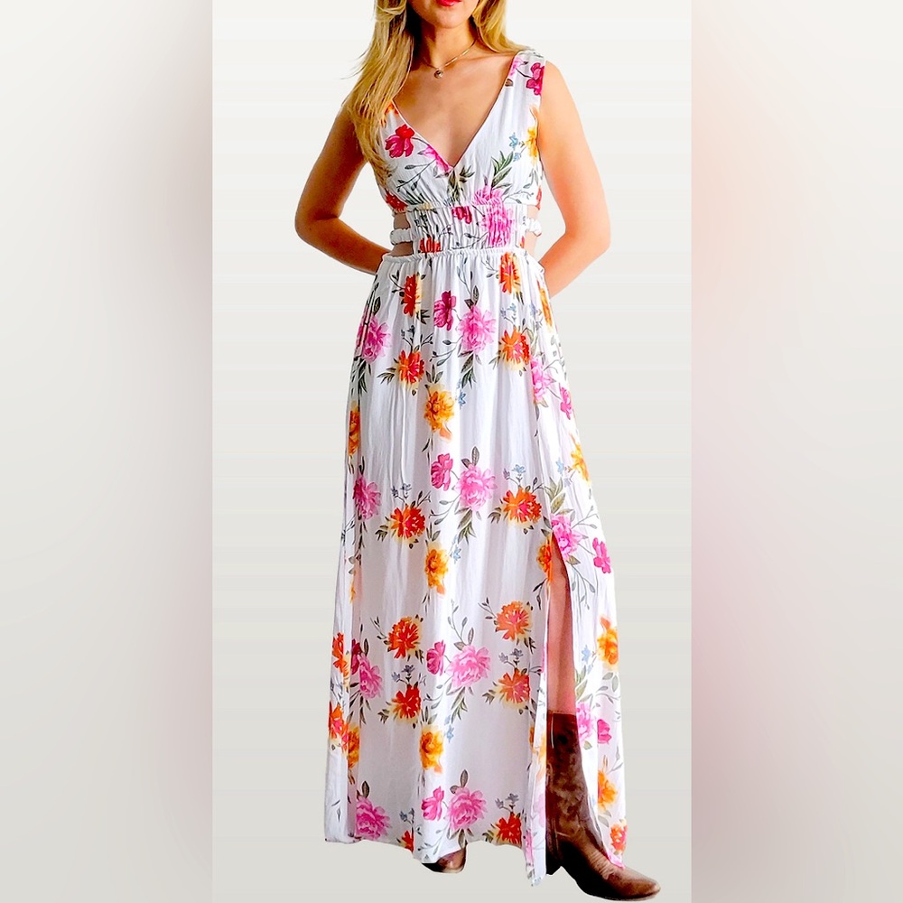 Floral Cut Out Maxi Dress in White with Pink and Orange Accents. NWOTs.